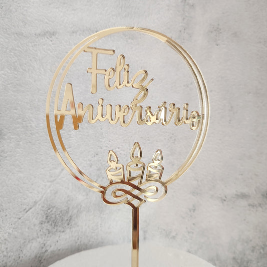 Topper de bolo acrílico Feliz Aniversário redondo